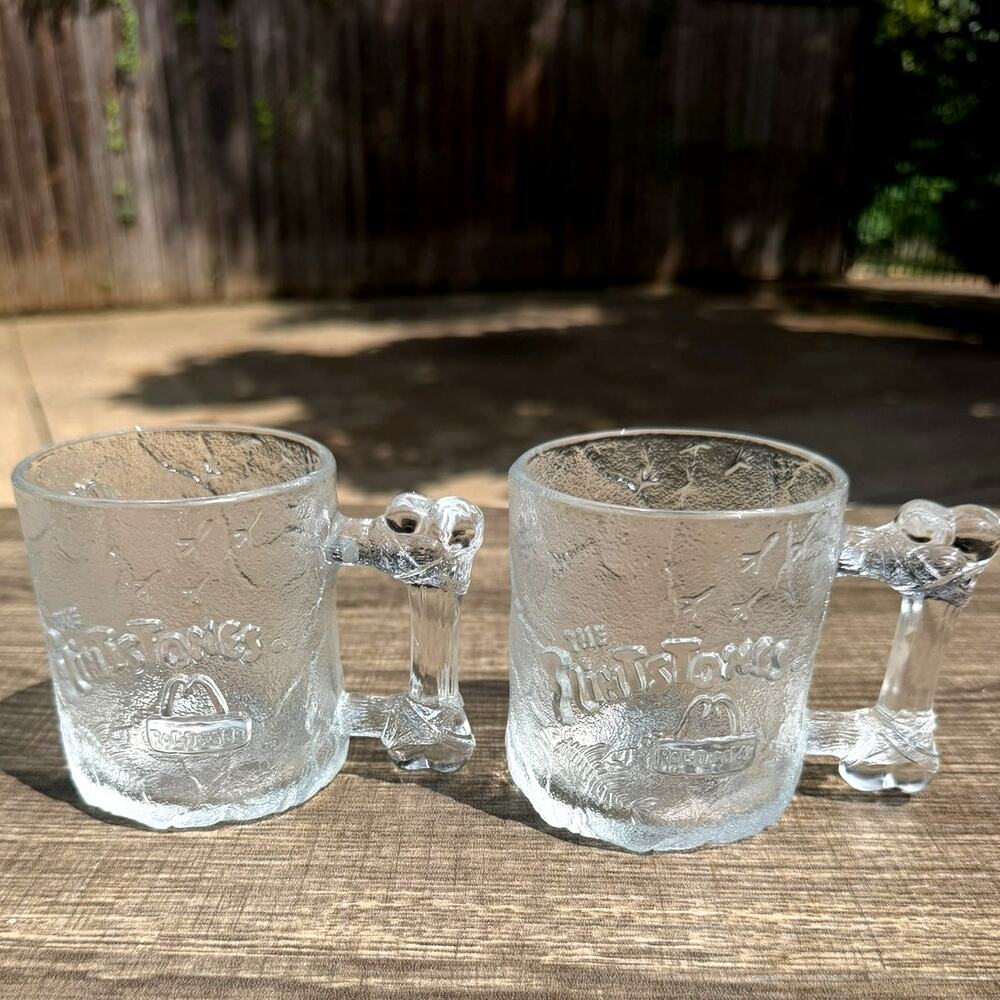 Vintage 1993 McDonalds Flintstones RocDonalds Glass Mugs Bone Handle-Set of 2